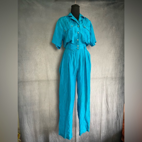 GORGEOUS vintage cerulean blue 80s jumpsuit size small/medium - Picture 2 of 11